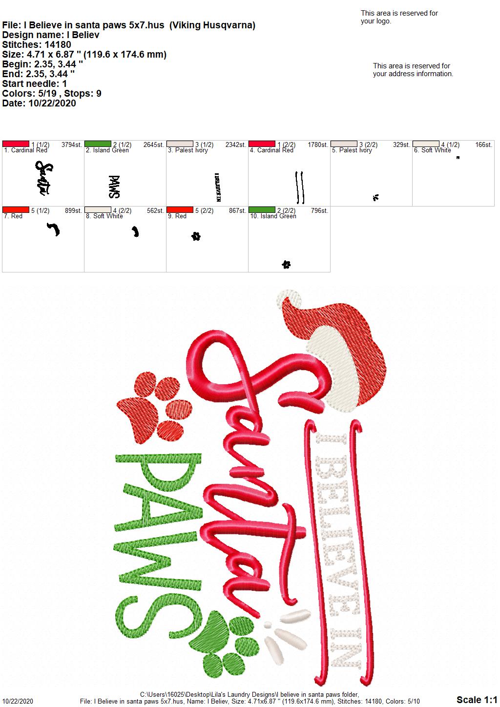 I Believe In Santa Paws - 2 Sizes - Digital Embroidery Design