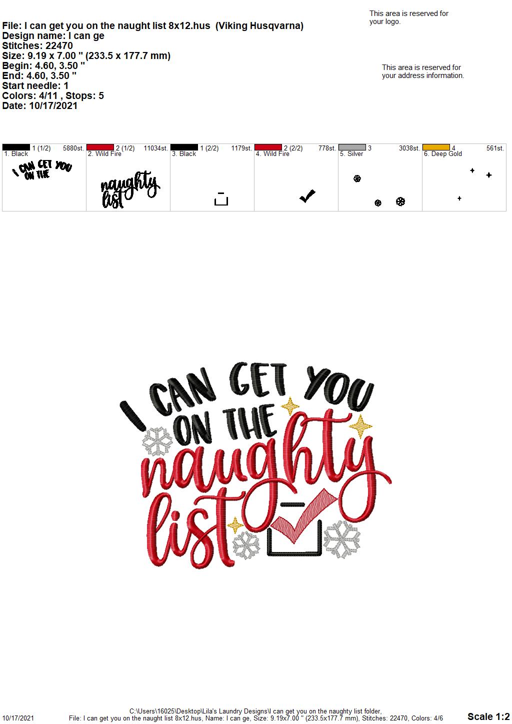 I Can Get You On the Naughty List - 3 sizes- Digital Embroidery Design