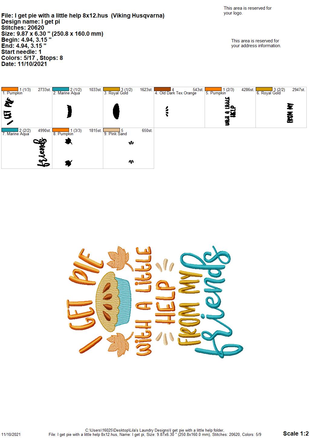 I Get Pie With A Little Help - 3 sizes- Digital Embroidery Design