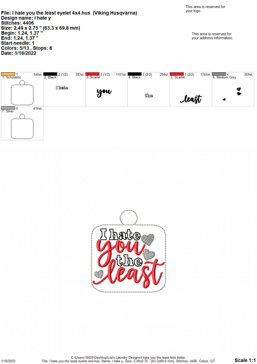 I hate you the least Fobs - DIGITAL Embroidery DESIGN