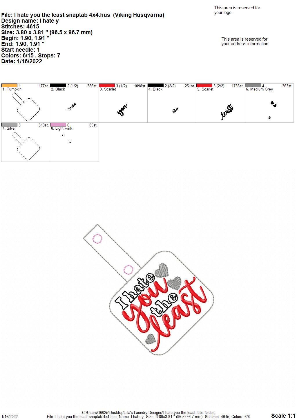 I hate you the least Fobs - DIGITAL Embroidery DESIGN