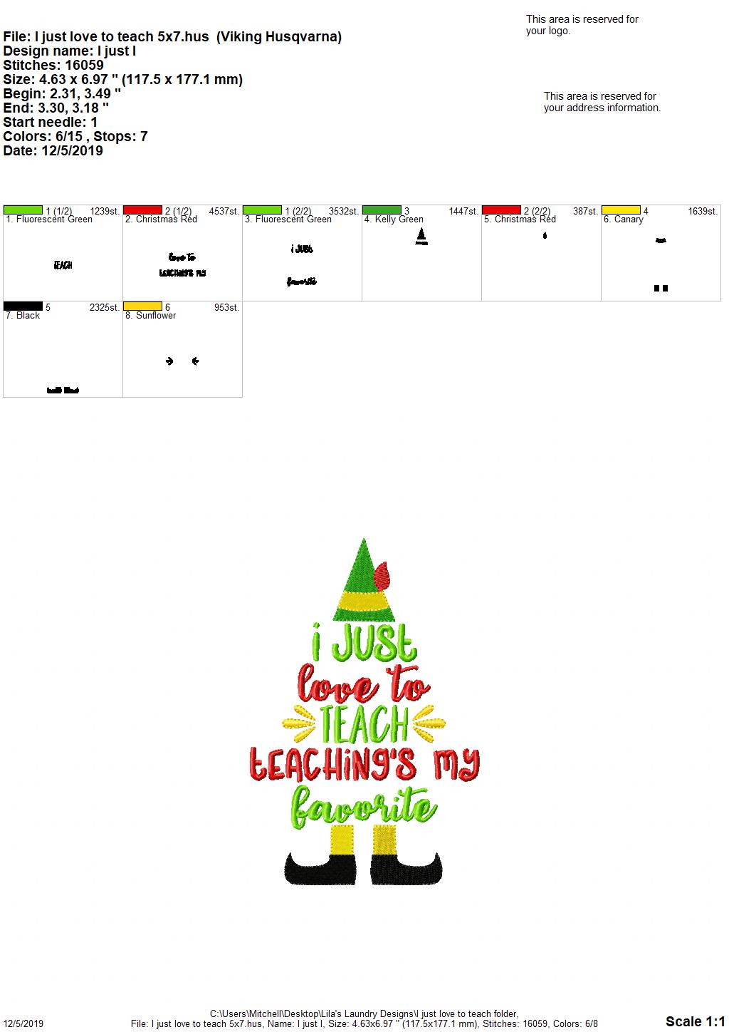 I Just Love to Teach 5x7 & 6x10 - Digital Embroidery Design
