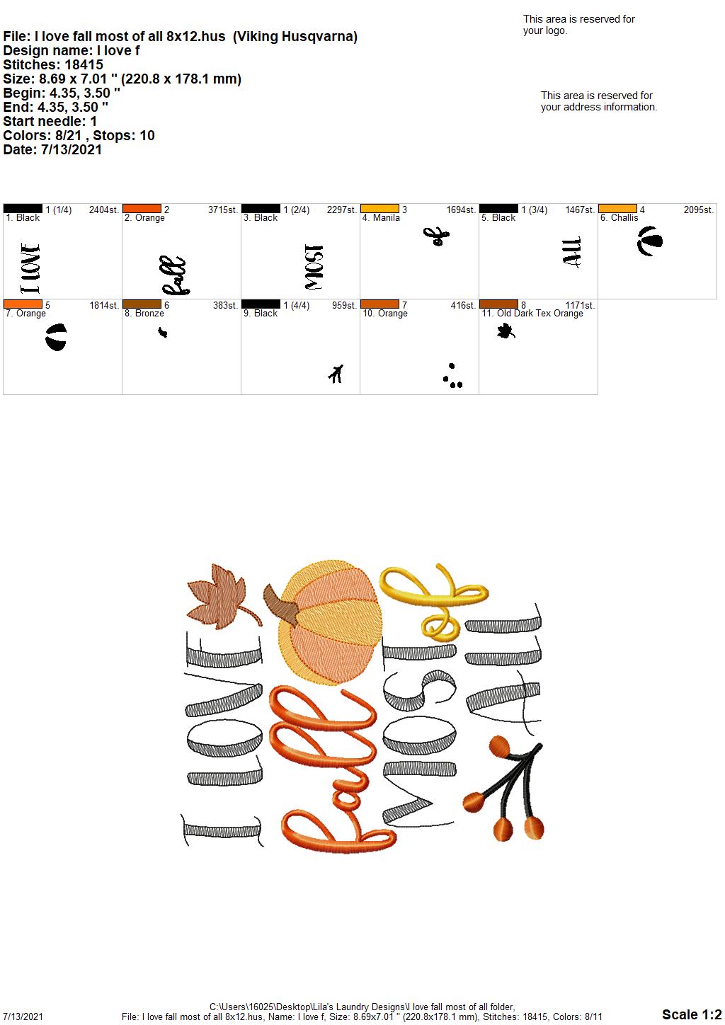 I Love Fall Most of All - 3 sizes- Digital Embroidery Design