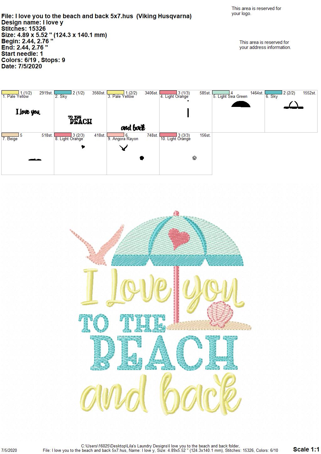 I Love You To The Beach And Back - 3 Sizes - Digital Embroidery Design