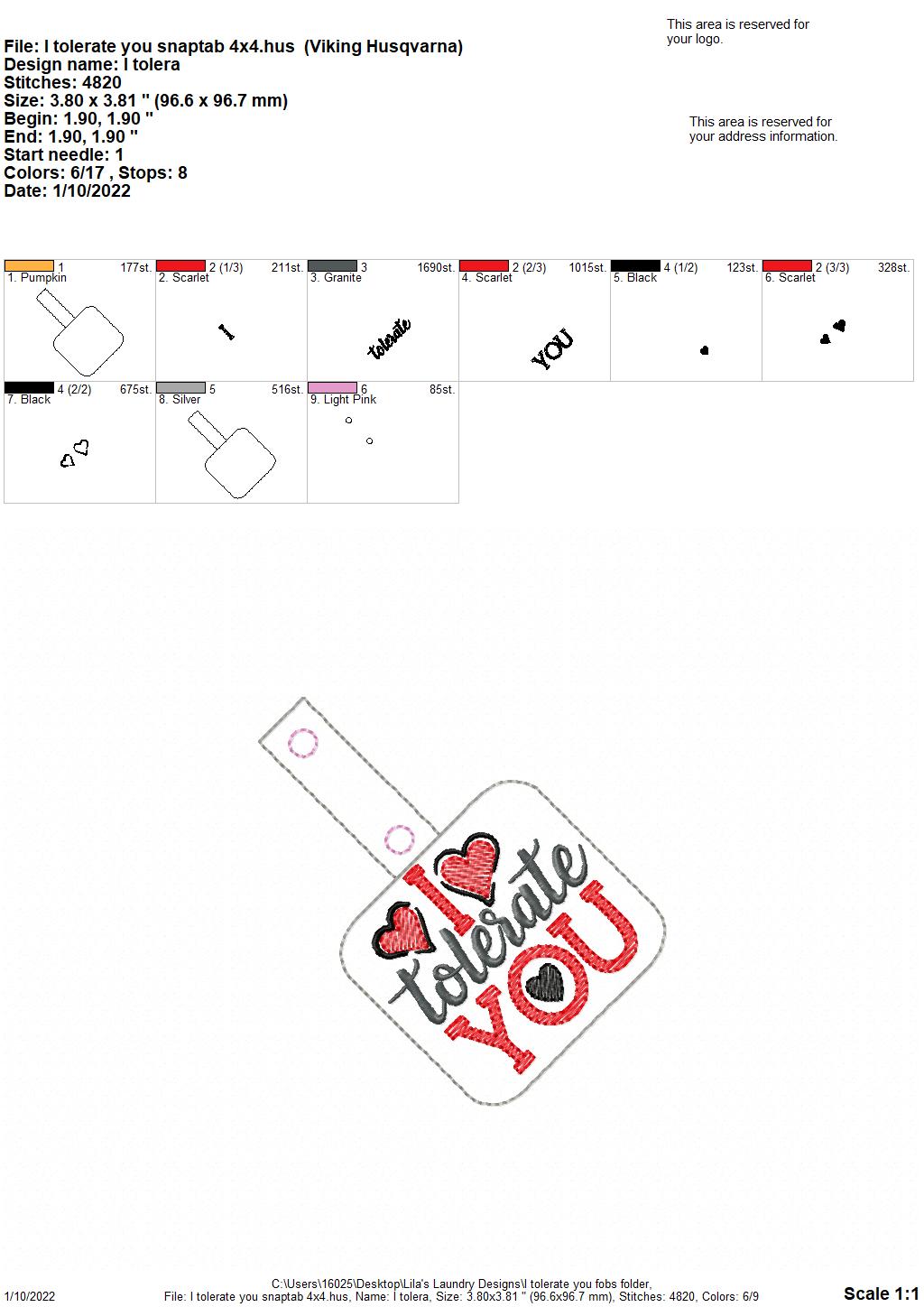 I tolerate you Fobs - DIGITAL Embroidery DESIGN