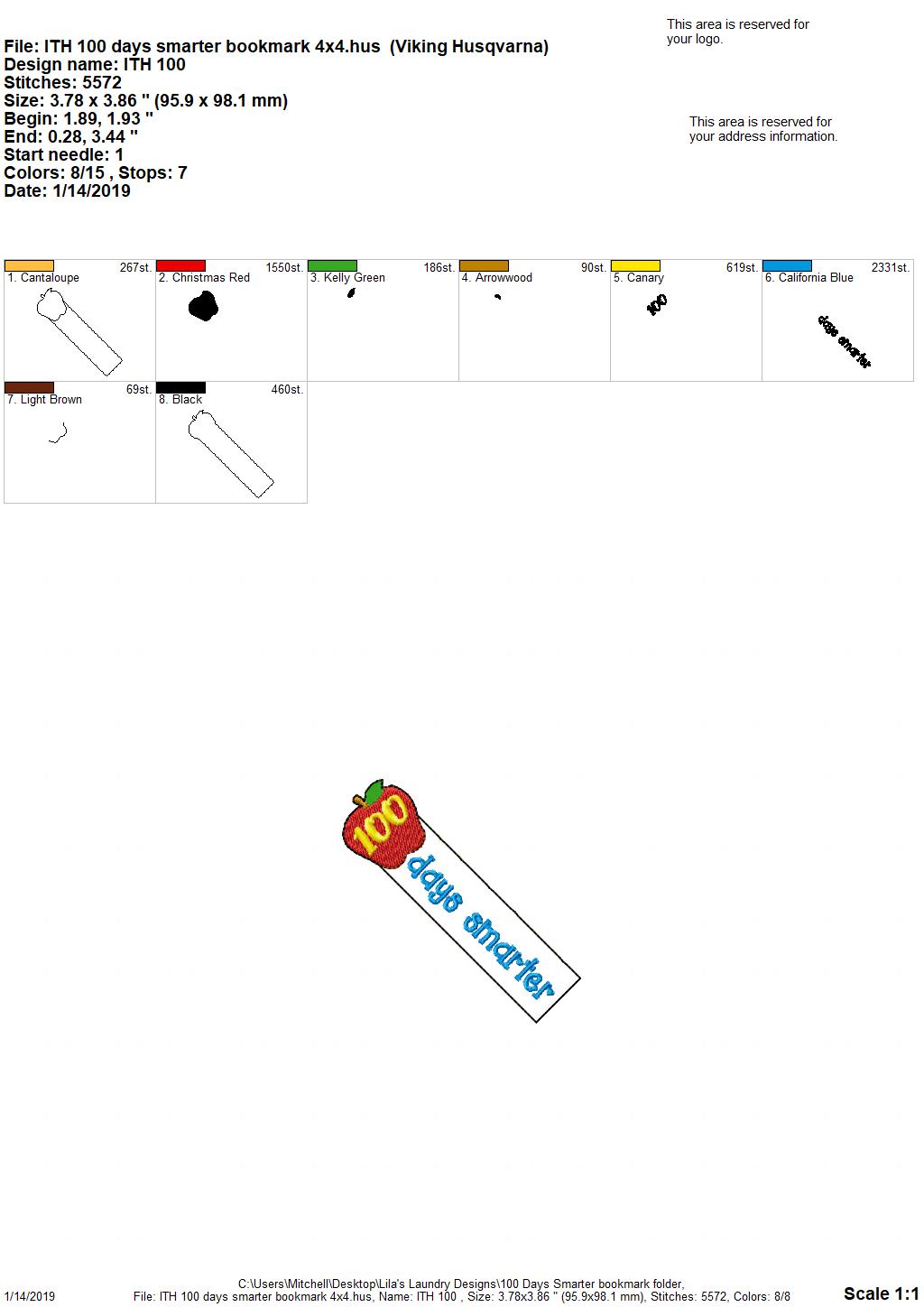 100 Days Smarter Bookmark - Digital Embroidery Design