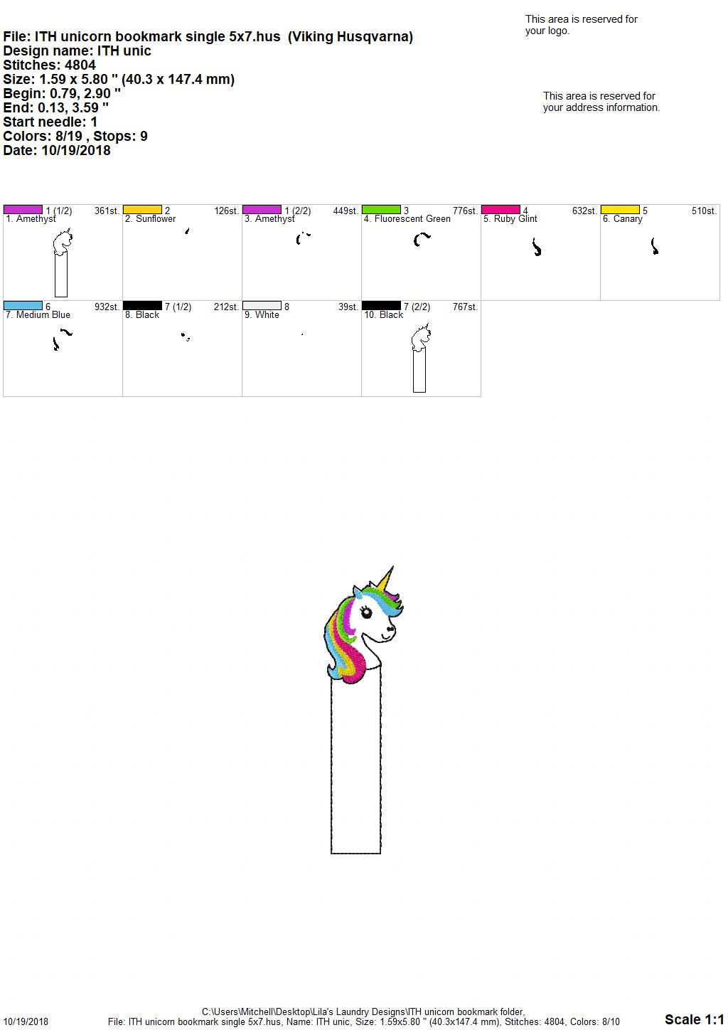 Unicorn Bookmark - Digital Embroidery Design