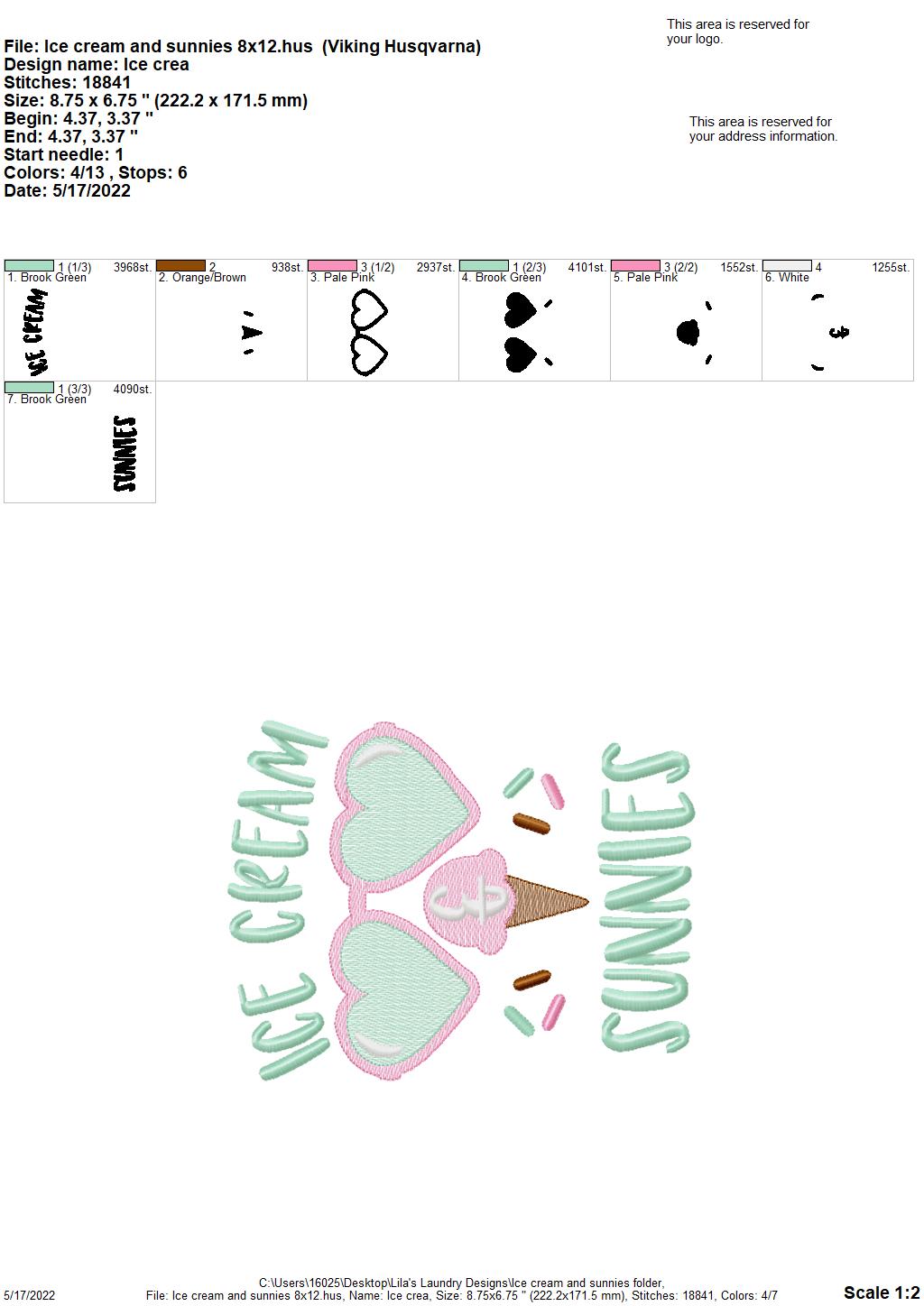 Ice Cream & Sunnies - 3 sizes- Digital Embroidery Design
