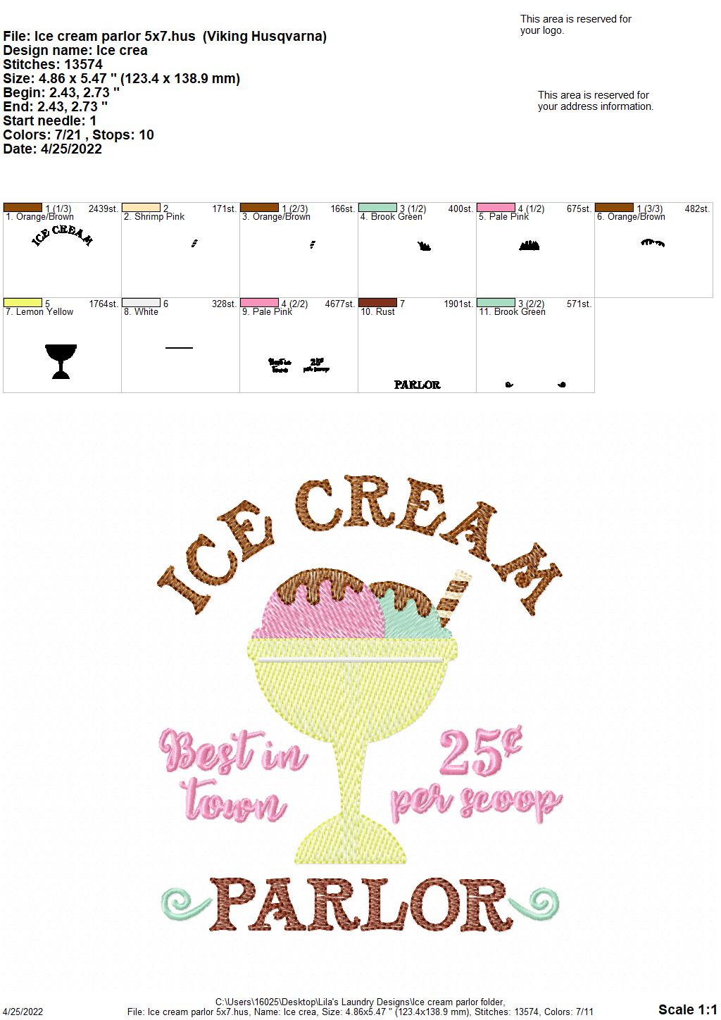 Ice Cream Parlor - 3 sizes- Digital Embroidery Design