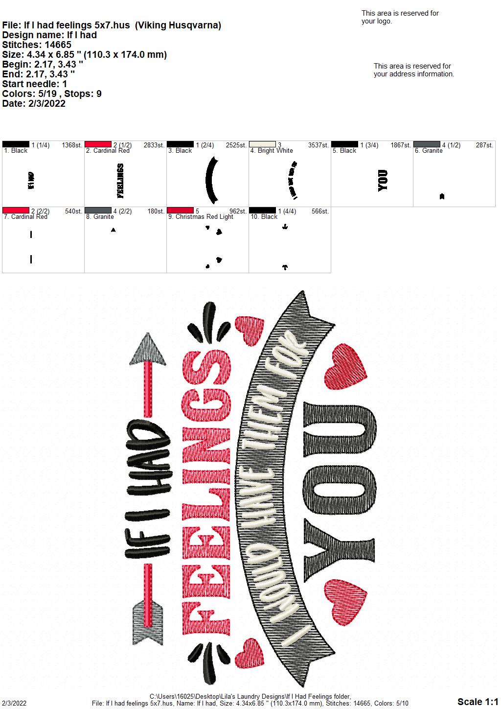If I Had Feelings - 2 sizes- Digital Embroidery Design