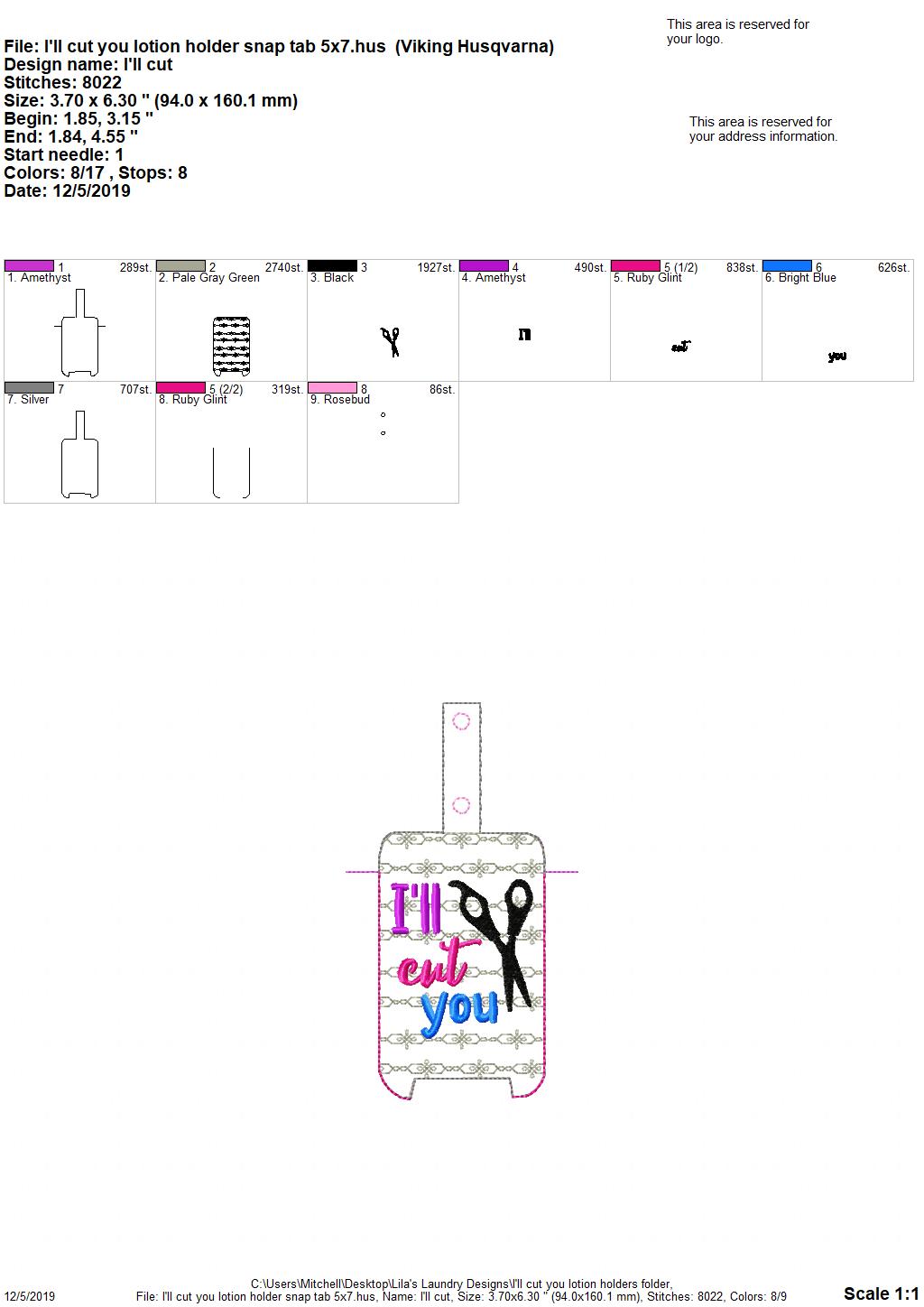 I'll Cut You Hairdresser Lotion Holder 5x7 included- DIGITAL Embroidery DESIGN