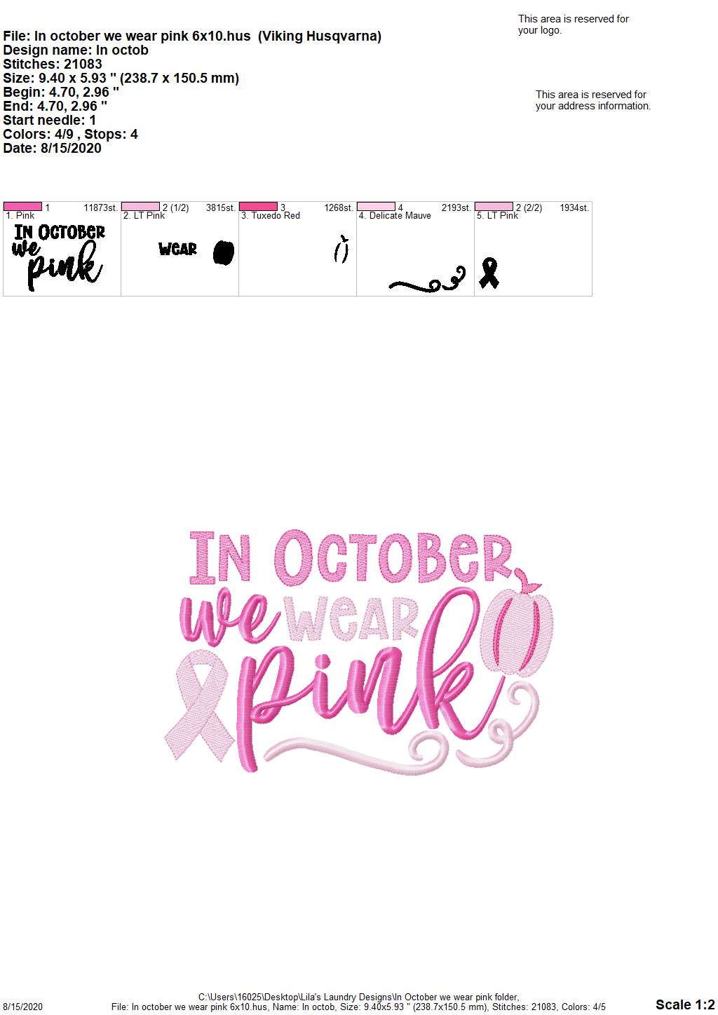 In October We Wear Pink - 3 Sizes - Digital Embroidery Design