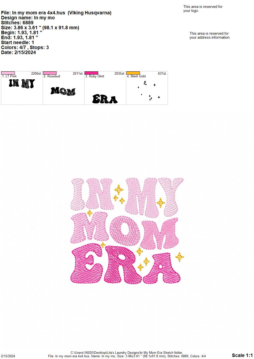 In My Mom Era Sketch - 4 Sizes - Digital Embroidery Design