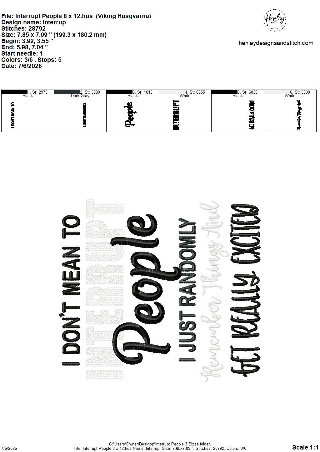 Interrupt People 5 x 7, 6 x 10 and 8 x 12 – DIGITAL Embroidery Design