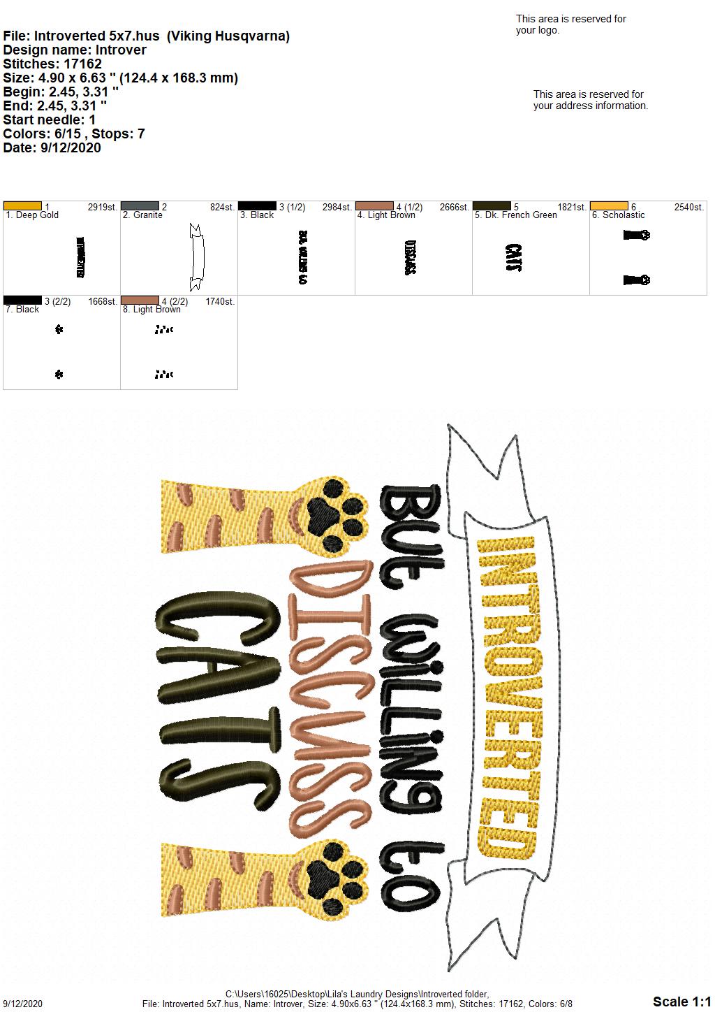 Introverted But Willing To Discuss Cats - 2 Sizes - Digital Embroidery Design