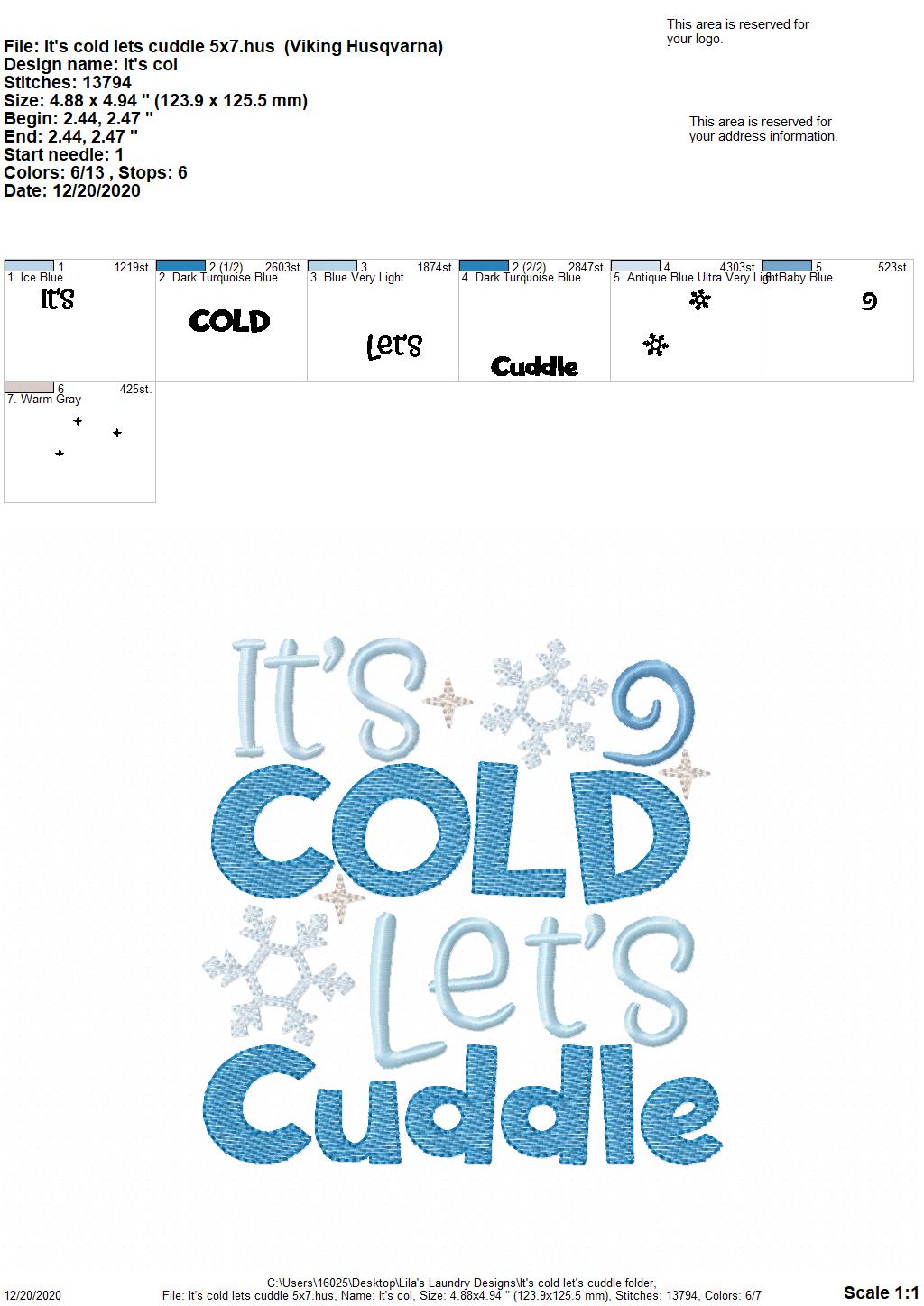 It's Cold Let's Cuddle - 3 sizes- Digital Embroidery Design