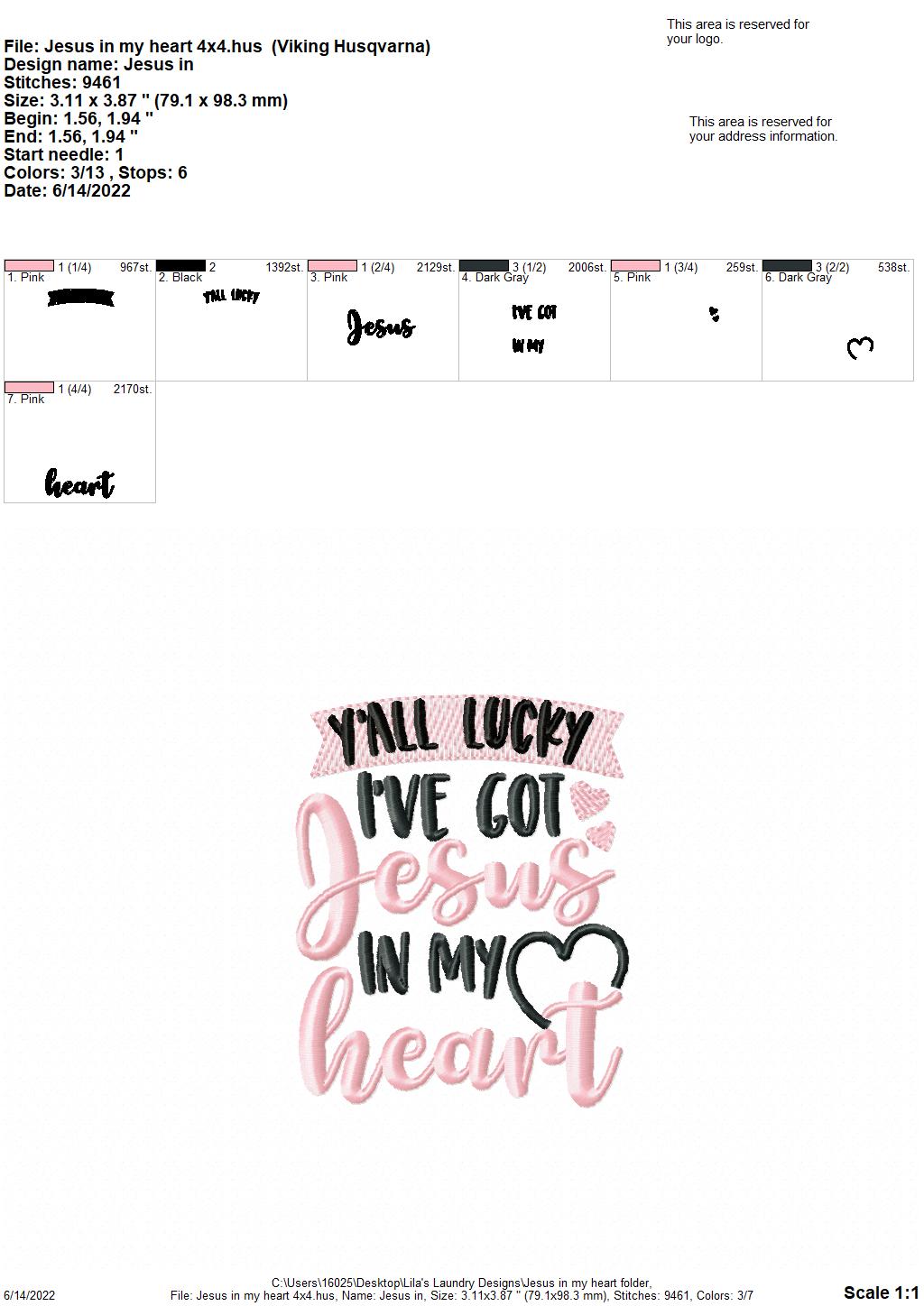 Jesus in my Heart - 3 sizes- Digital Embroidery Design