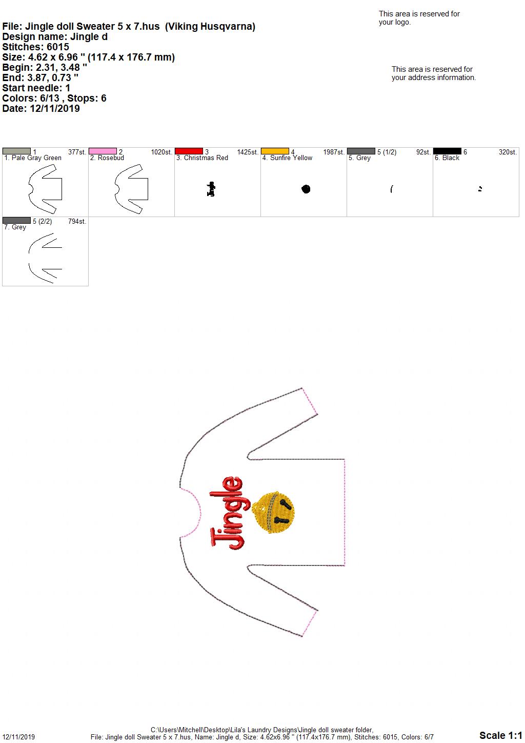Jingle Doll Sweater 5x7 - Digital Embroidery Design