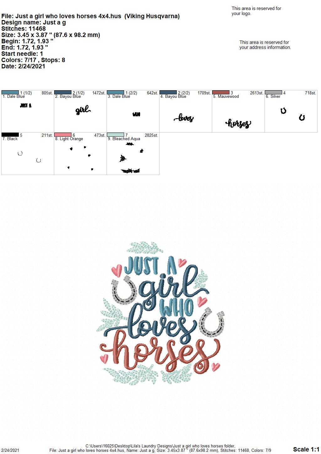 Just a Girl Who Loves Horses- 3 sizes- Digital Embroidery Design
