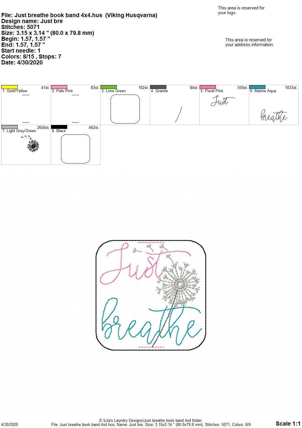 Just Breathe Book Band - Digital Embroidery Design