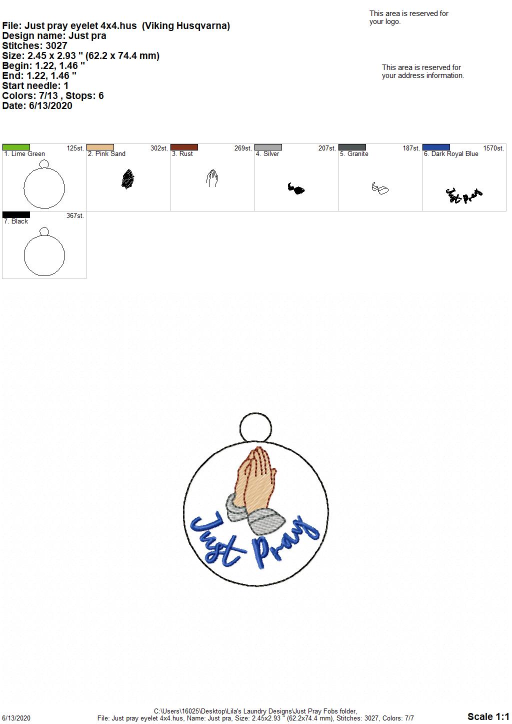 Just Pray Fobs - DIGITAL Embroidery DESIGN