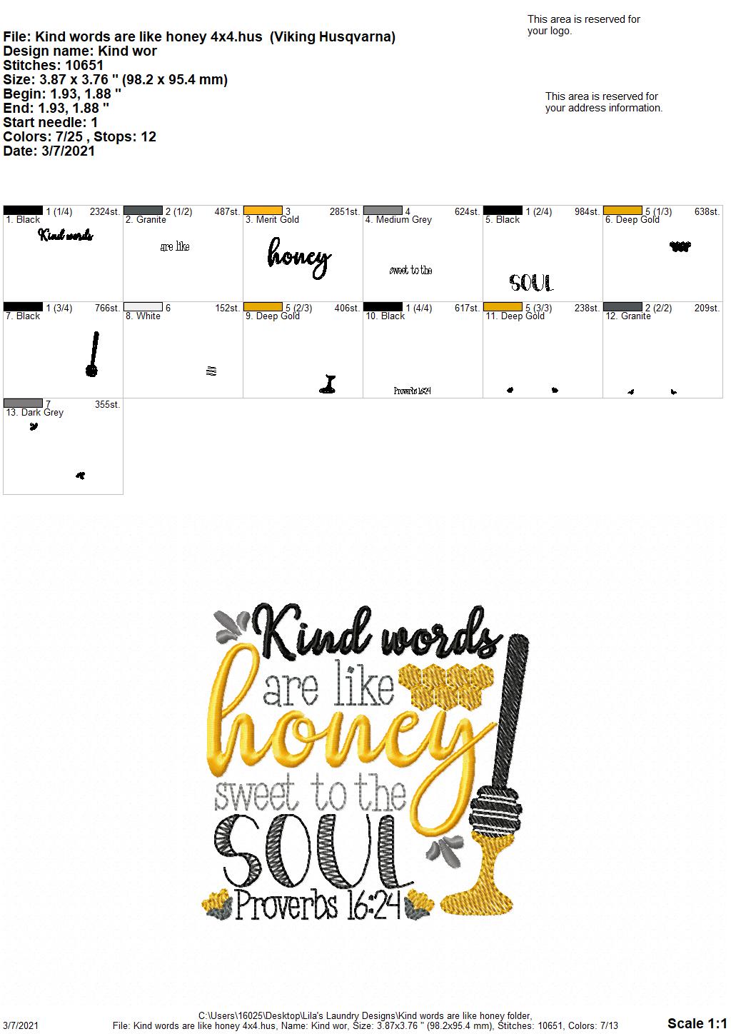 Kind Words are like Honey - 3 sizes- Digital Embroidery Design