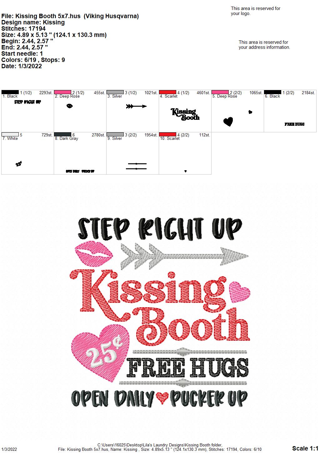 Kissing Booth Sketch - 3 sizes- Digital Embroidery Design
