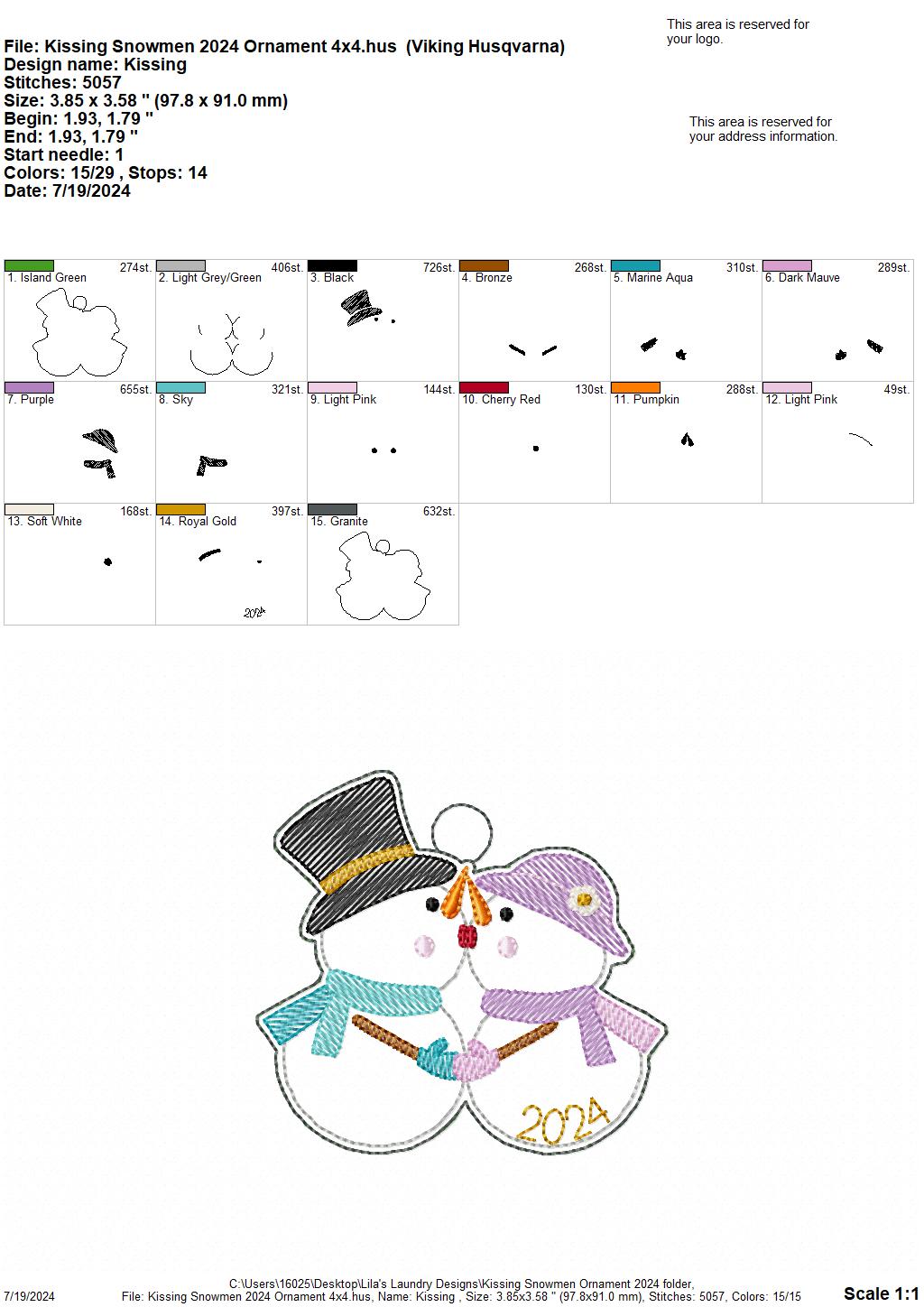 Kissing Snowmen 2024 Ornament - Digital Embroidery Design
