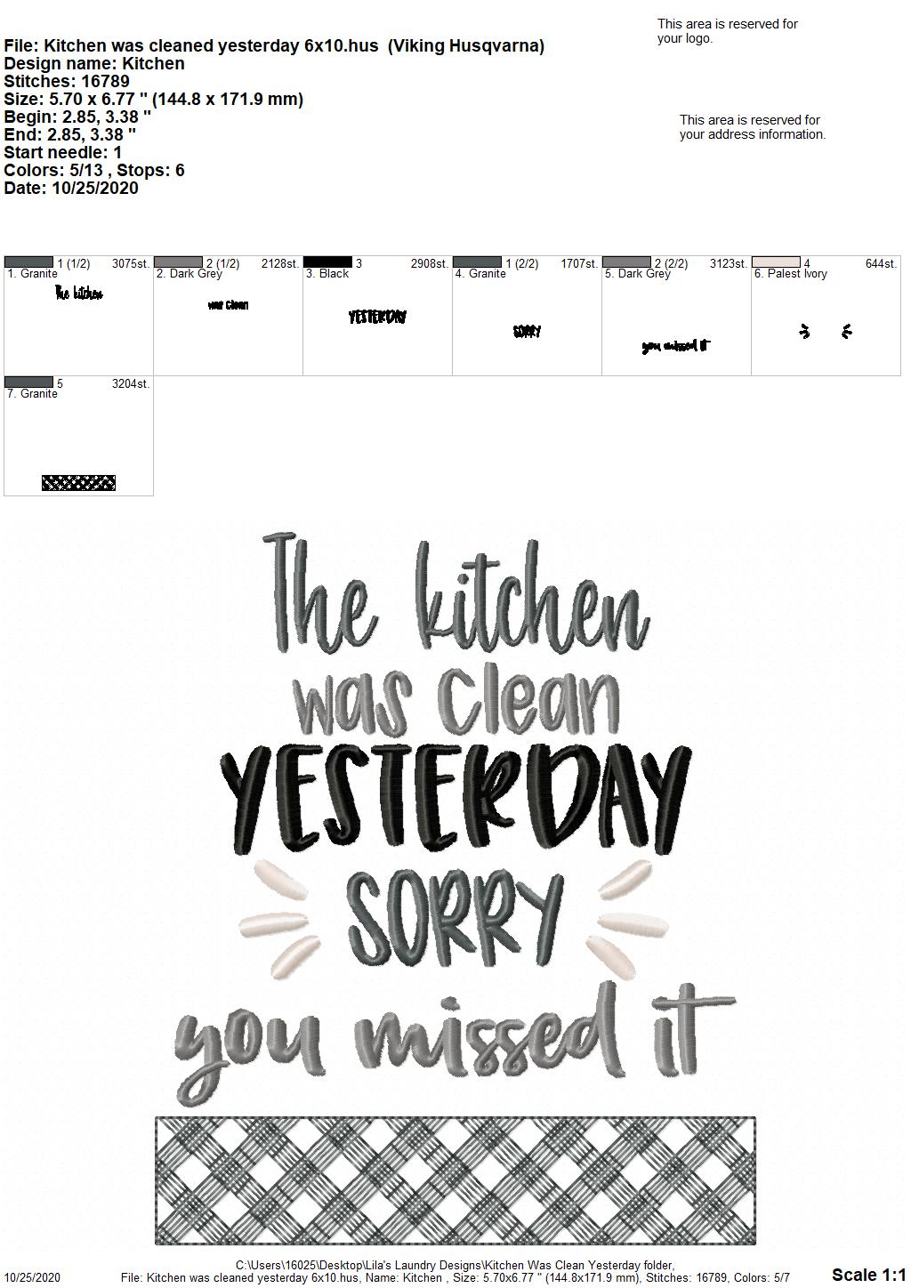 Kitchen Was Clean Yesterday  - 3 Sizes - Digital Embroidery Design
