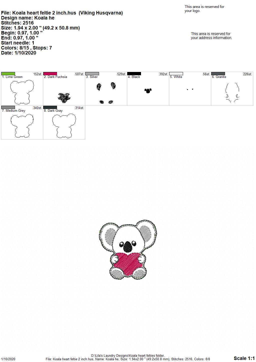 Koala Heart Felties - 3 sizes - Digital Embroidery Design