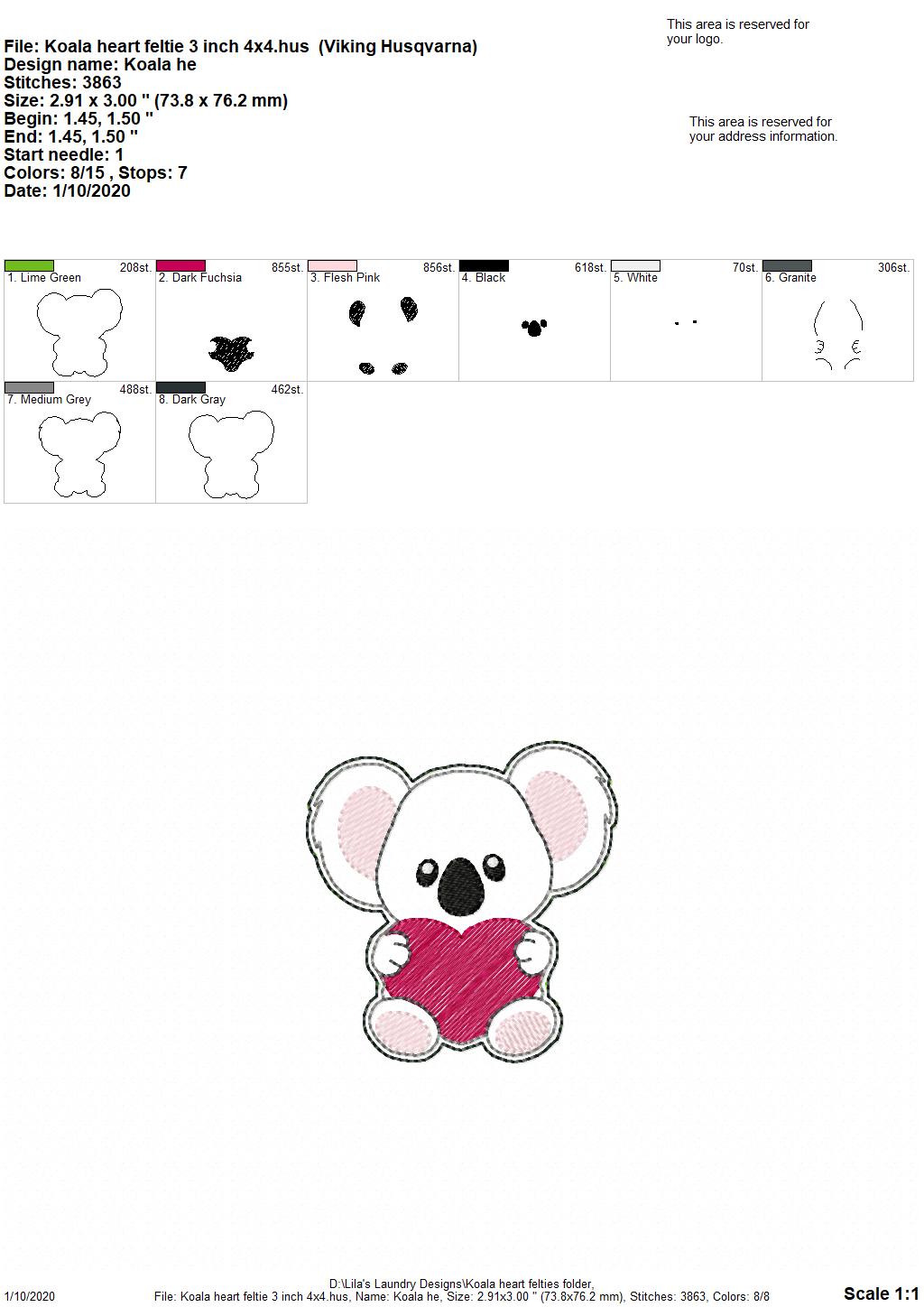 Koala Heart Felties - 3 sizes - Digital Embroidery Design