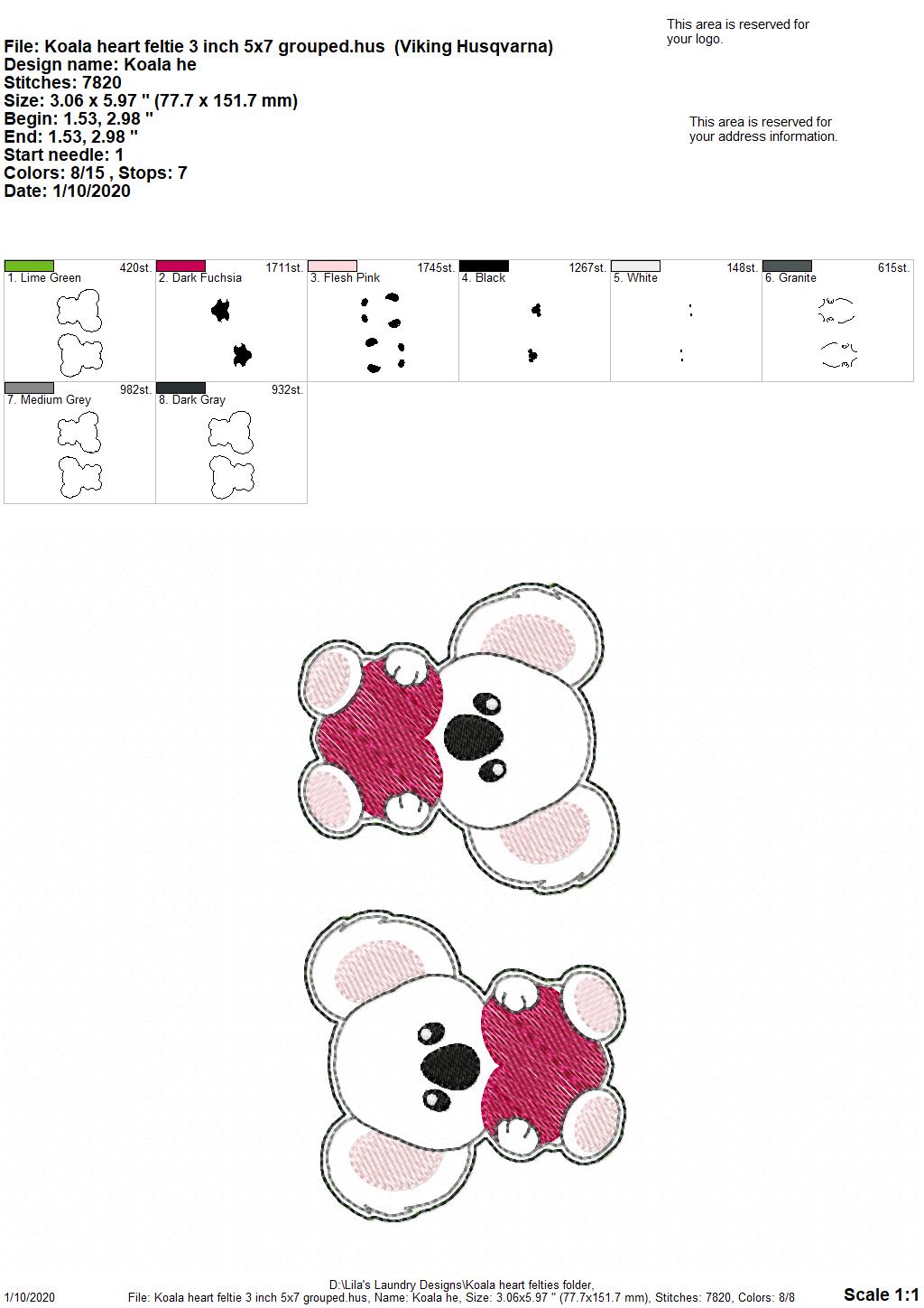 Koala Heart Felties - 3 sizes - Digital Embroidery Design