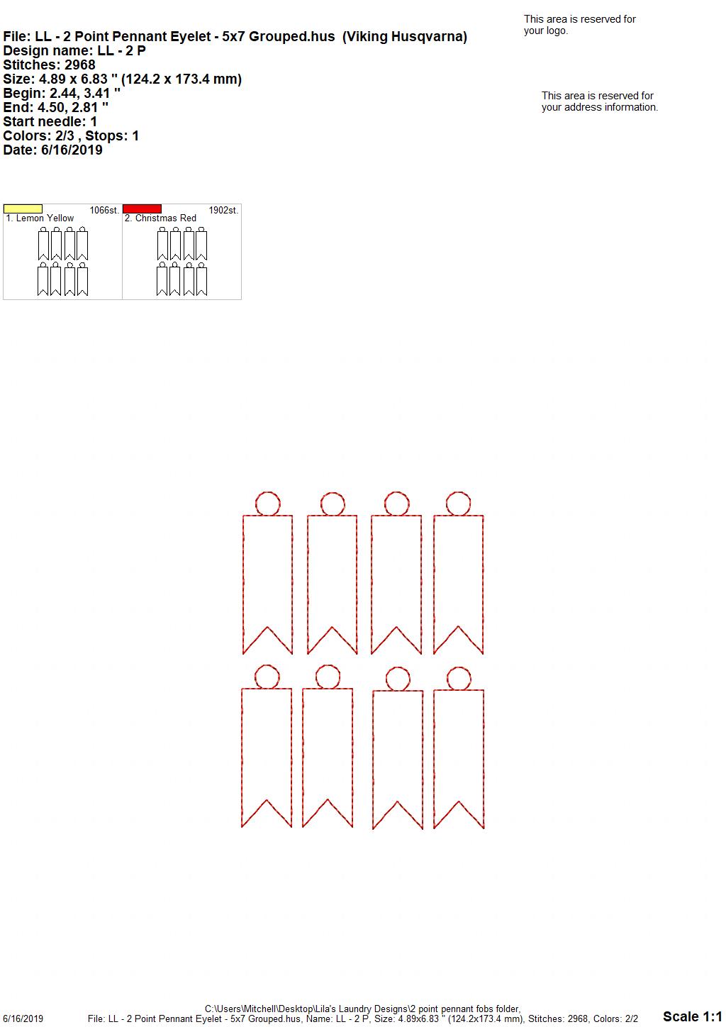 2 point pennant Fobs - DIGITAL Embroidery DESIGN