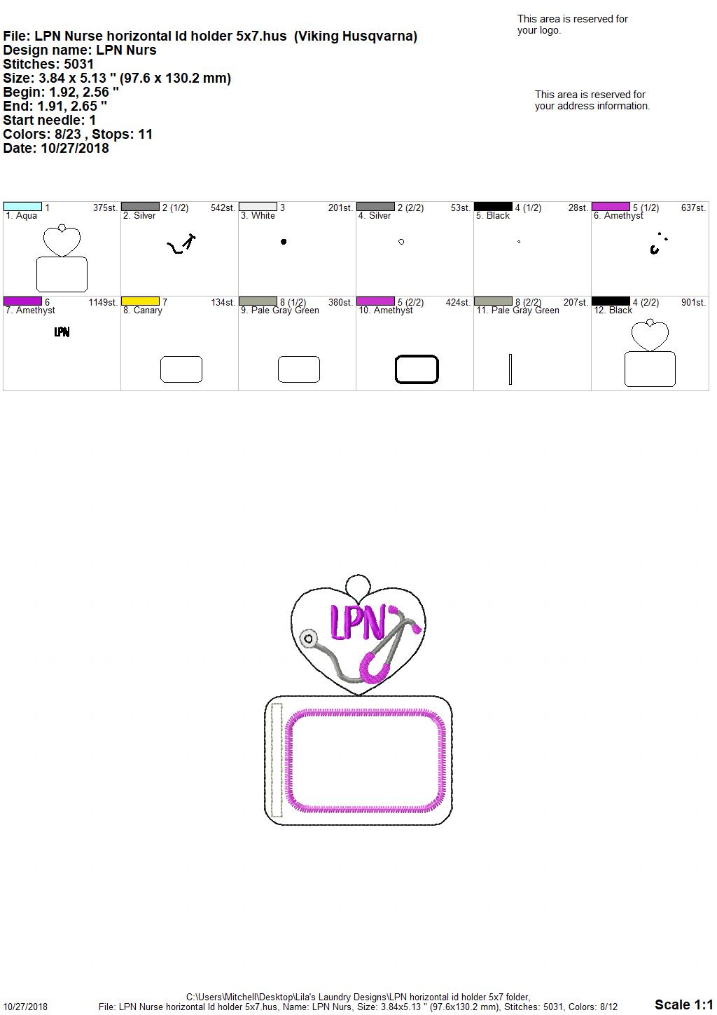 LPN Horizontal ID Holder  - Digital Embroidery Design
