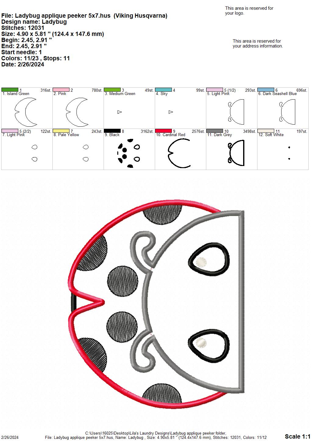 Ladybug Applique Peeker - 5x7 - Digital Embroidery Design