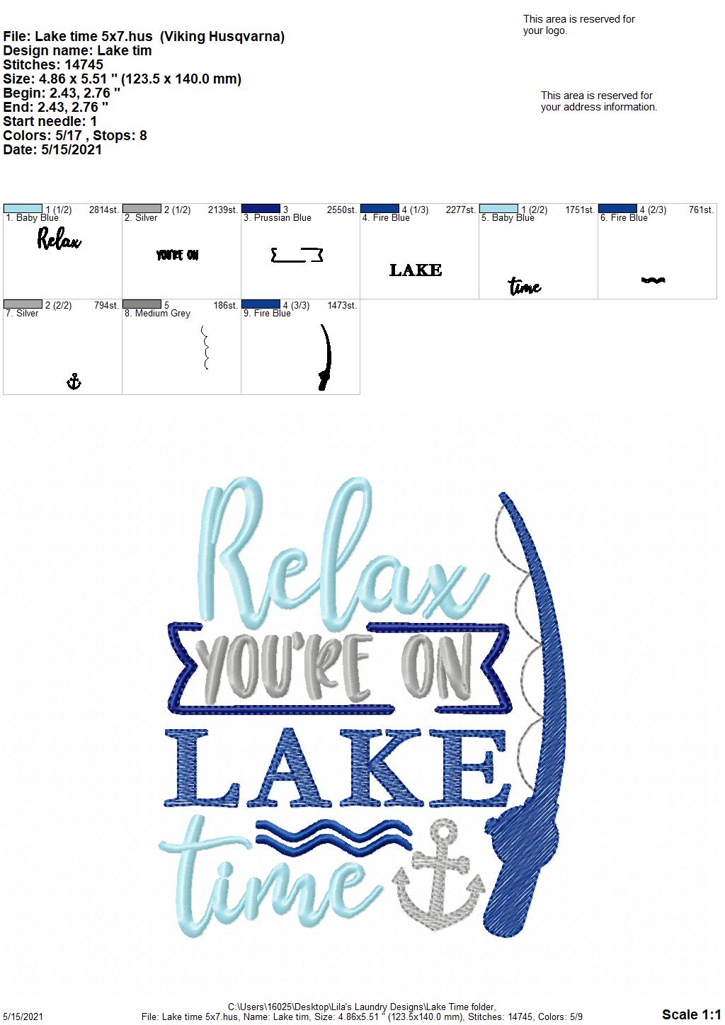 Lake Time - 3 sizes- Digital Embroidery Design