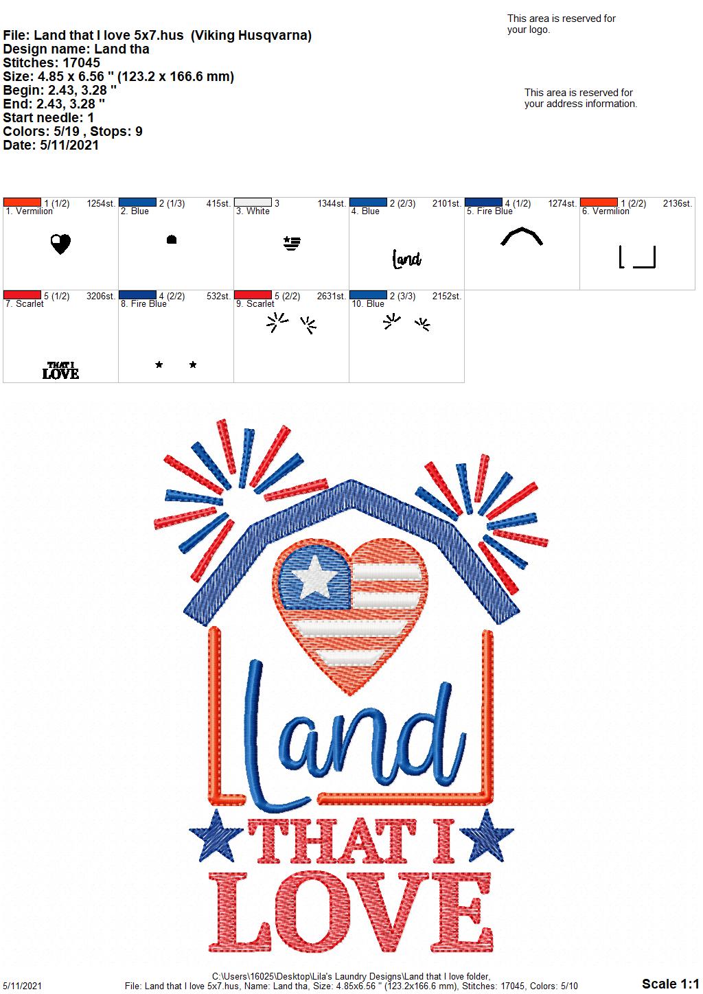 Land that I Love - 3 sizes- Digital Embroidery Design