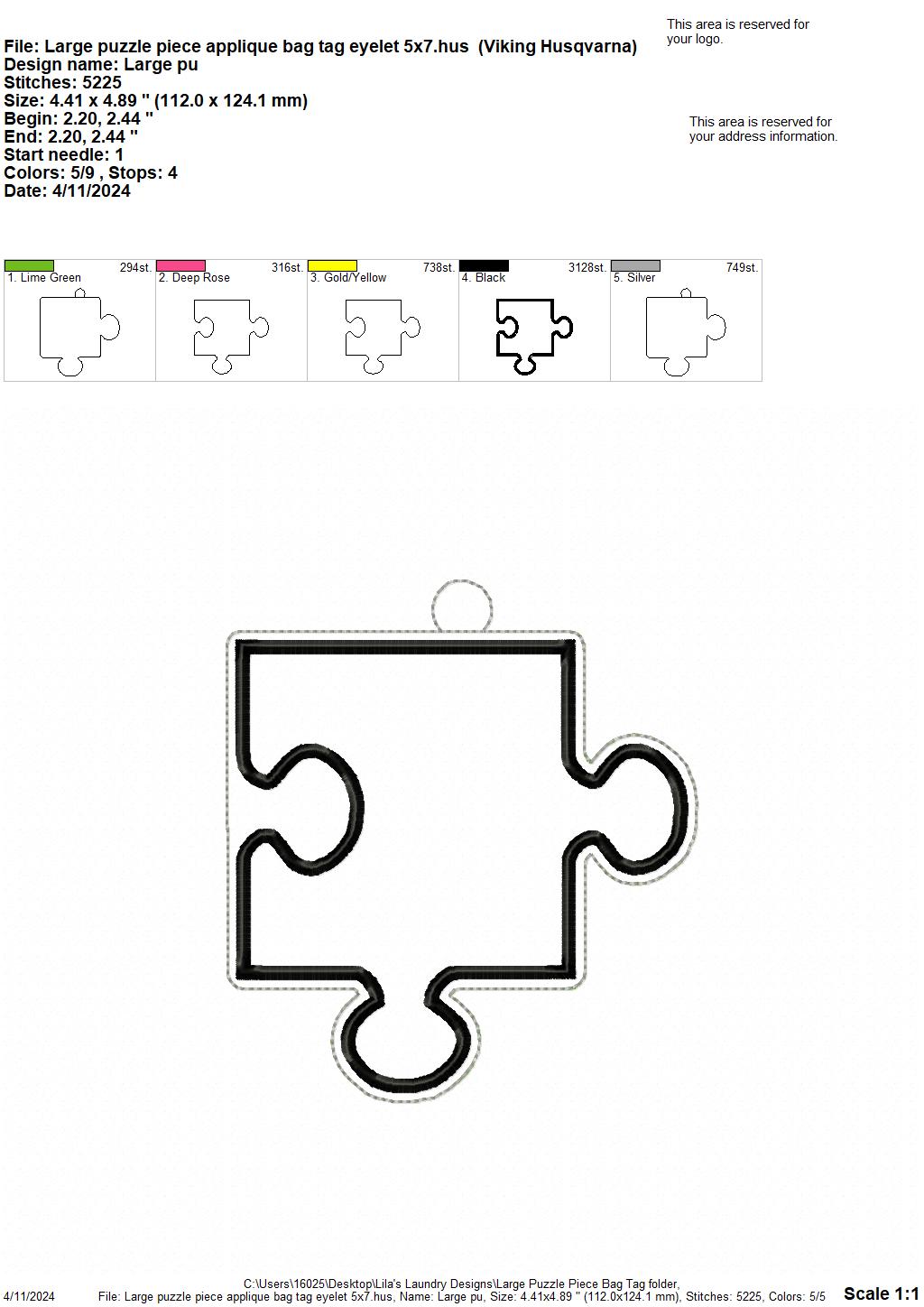 Large Puzzle Piece Bag Tag - 5x7 only - Digital Embroidery Design