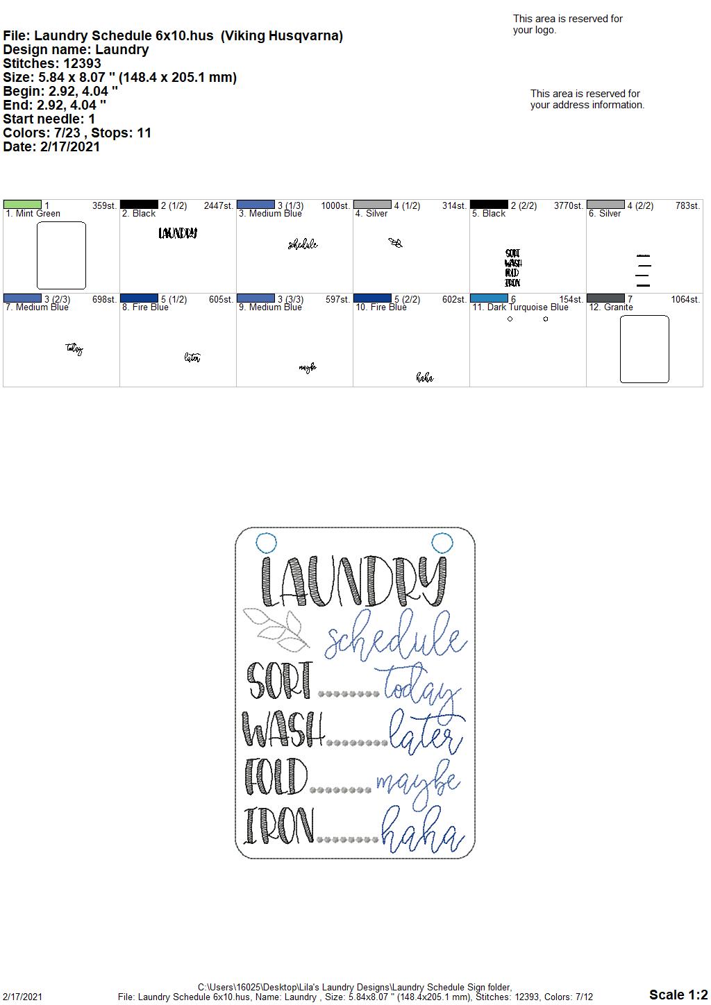 Laundry Schedule Hanger - 3 sizes - Digital Embroidery Design