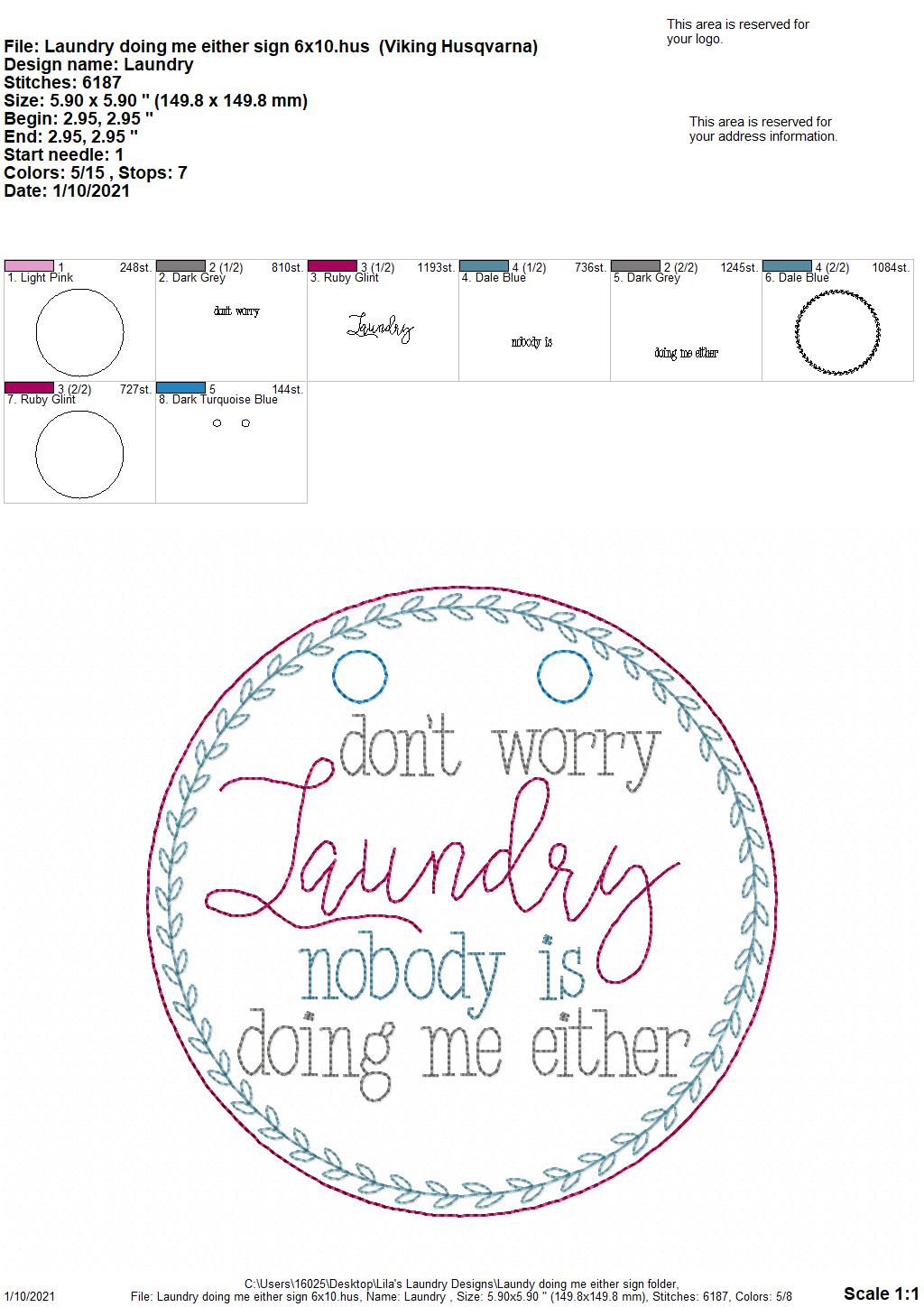 Laundry Doing Me Either Sign - 3 sizes - Digital Embroidery Design