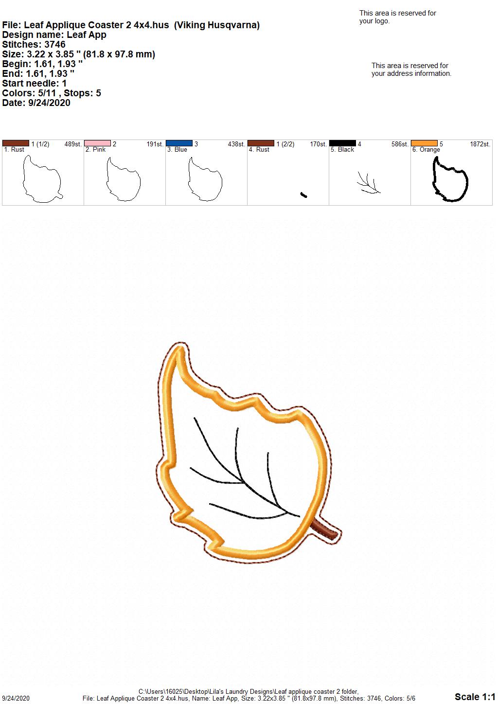 Leaf Applique Coaster 2  4x4 - DIGITAL Embroidery DESIGN