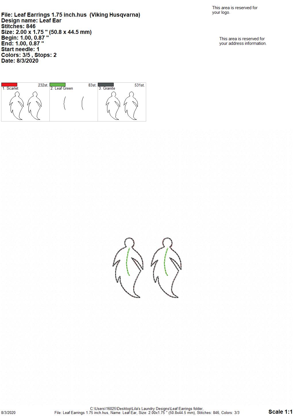 Leaf Earrings - 3 sizes - 4x4 and 5x7 Grouped- Digital Embroidery Design