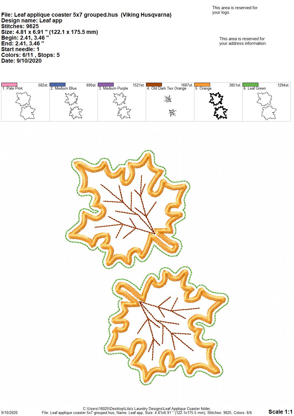 Leaf Applique Coaster  4x4 - DIGITAL Embroidery DESIGN