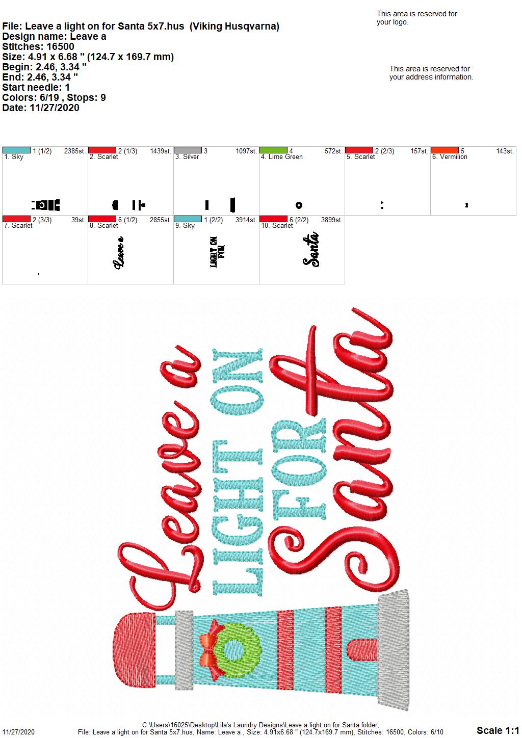 Leave A Light on for Santa - 2 sizes - Digital Embroidery Design