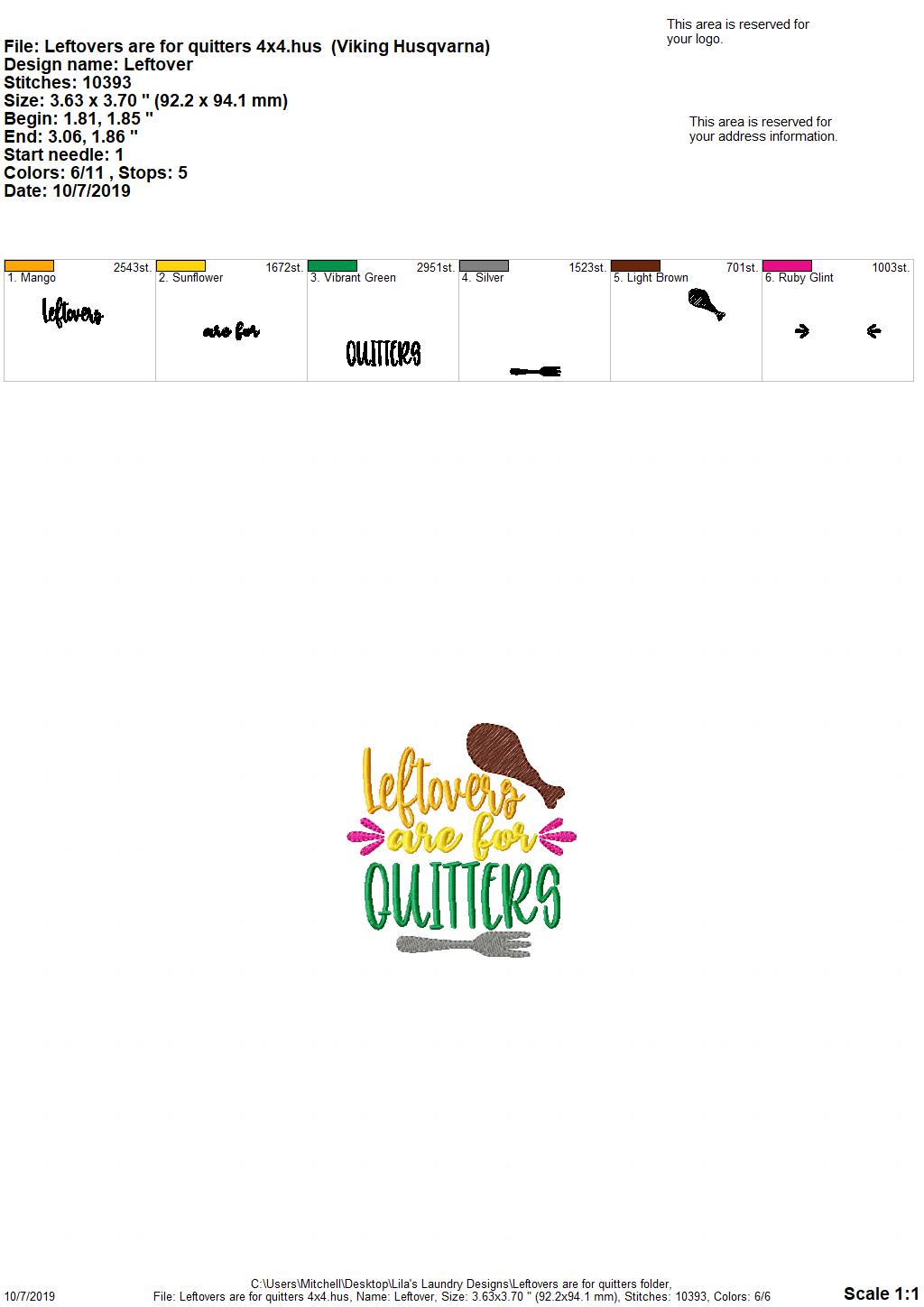 Leftovers are for Quitters 4x4 and 5x7 - digital embroidery design