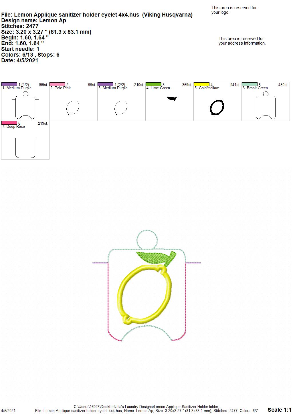 Lemon Applique Sanitizer Holders - DIGITAL Embroidery DESIGN