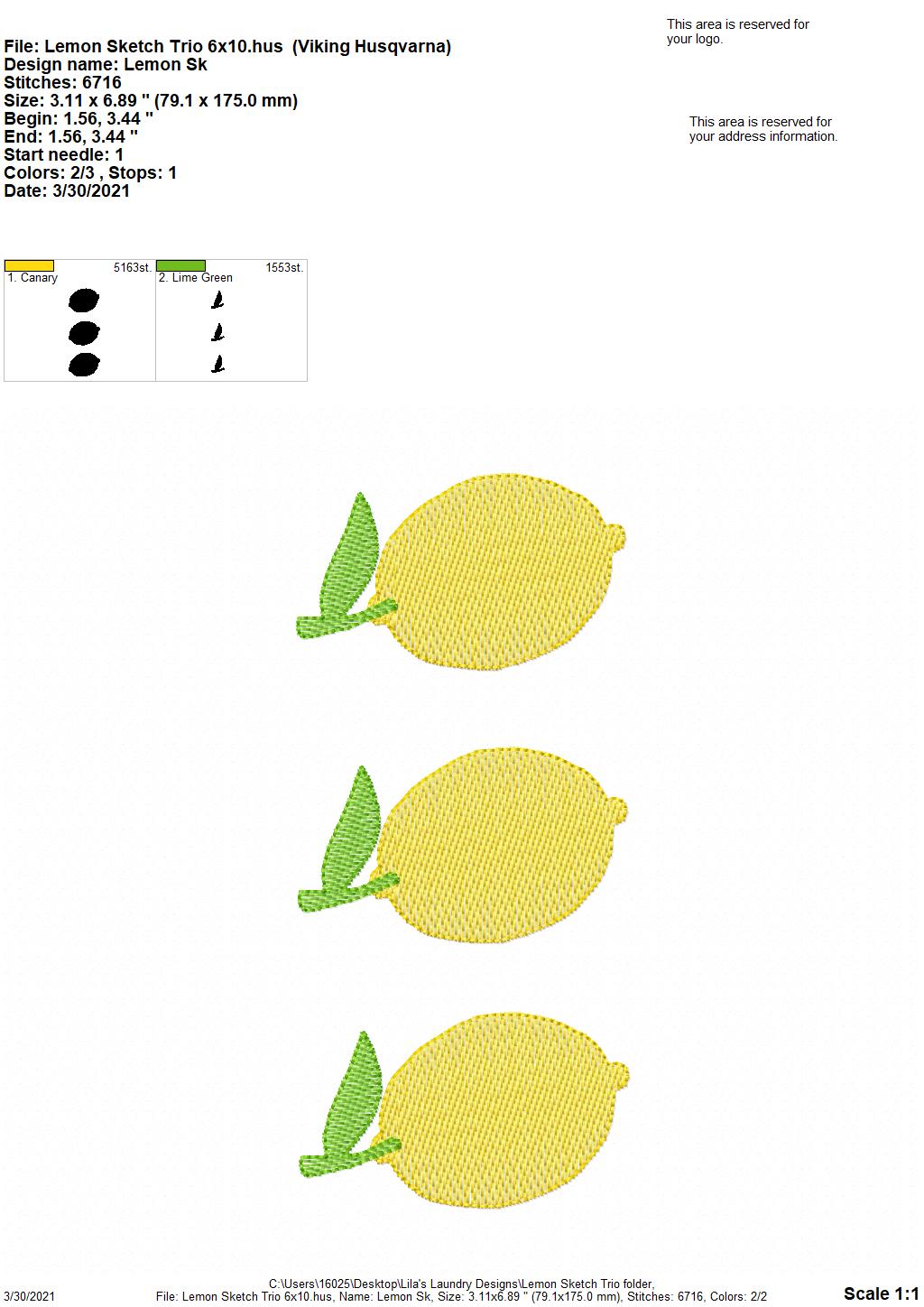 Lemon Sketch Trio - 3 sizes- Digital Embroidery Design