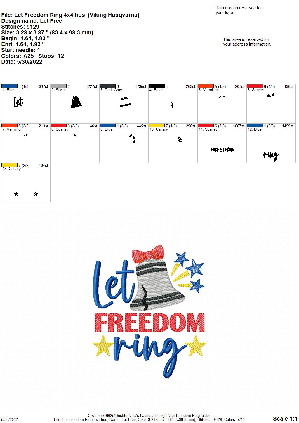 Let Freedom Ring - 4 sizes- Digital Embroidery Design