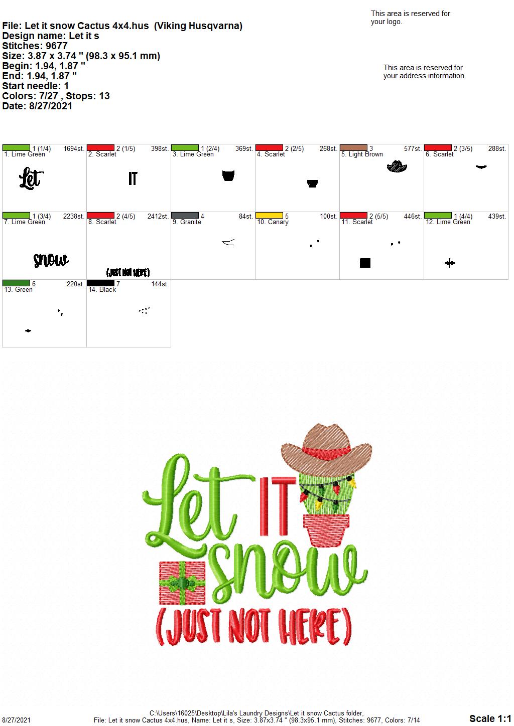 Let it snow cactus - 4 sizes- Digital Embroidery Design