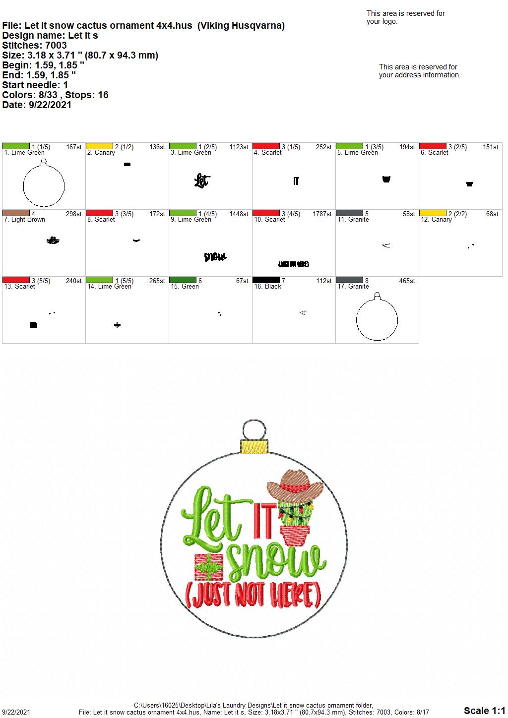 Let it Snow Cactus Ornament - Digital Embroidery Design